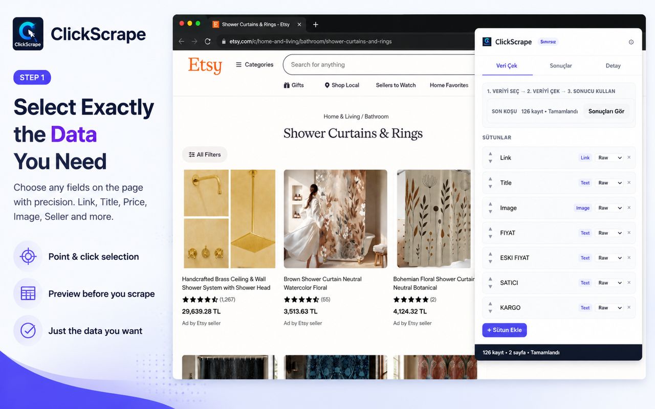 Selecting Link, Title, Price, Image and Seller fields on an Etsy shower-curtains page