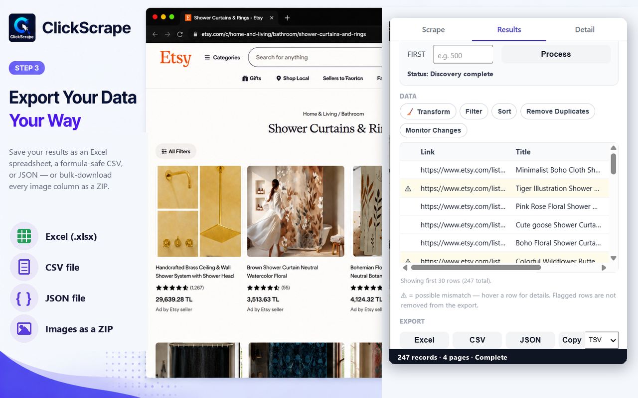 ClickScrape export panel with Excel, CSV, JSON and Copy options